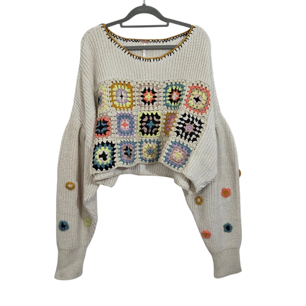 Free People Dahlia Sweater Crochet Granny Square Slouchy Boho Grannycore Medium